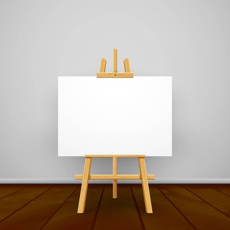 Wooden easel canvas board isolated stand in front wall. Blank empty vector easel poster billboard.のイラスト素材