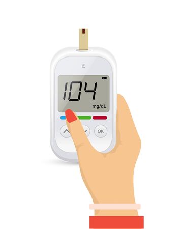Glucose sugar test in hand icon. Glucometer vector blood monitor. Diabetes sugar meter insulin control deviceのイラスト素材