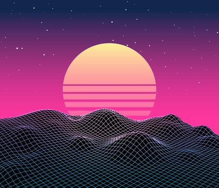 Retro vaporwave backgroud future landscape 80s aesthetic laser synthwave gridのイラスト素材