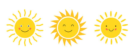 Emoji cartoon sun vector flat icon. Doodle sunshine cute happy sun faceのイラスト素材