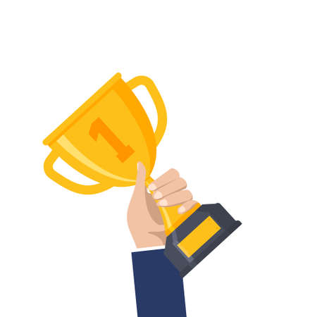 Trophy award winner cartoon design. Hand holding trophy prize success vector conceptのイラスト素材