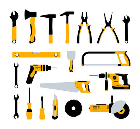 Construction tools hammer repair carpentry background. Electric home tool screwdriver toolkit collectionのイラスト素材