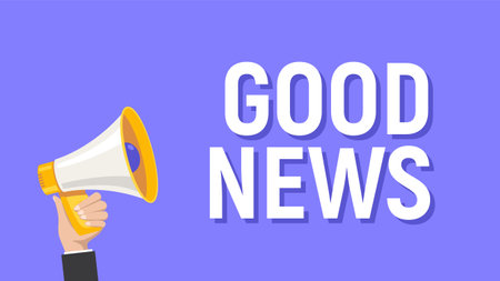 Good news announce megaphone hand holding cartoon attention. Great news happy announcementのイラスト素材