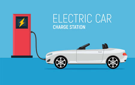 Car electric charge station vector vehicle. Eco charging hybrid electric concept illustrationのイラスト素材