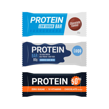Protein bar icon. Protein snack chocolate energy mockup. Vector flat packet designのイラスト素材