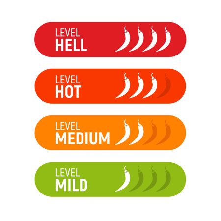 Hot pepper spicy heat level icon. Chili pepper symbol vector scale spice fire labelのイラスト素材