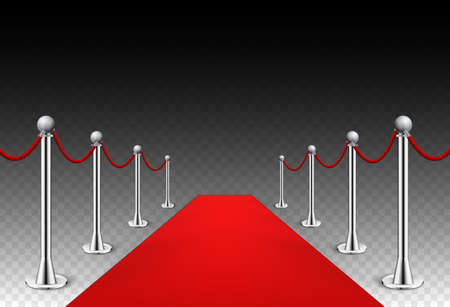 Red carpet event silver barriers background realistic vector illustration. Red carpet luxury entrance celebrity event presentationのイラスト素材