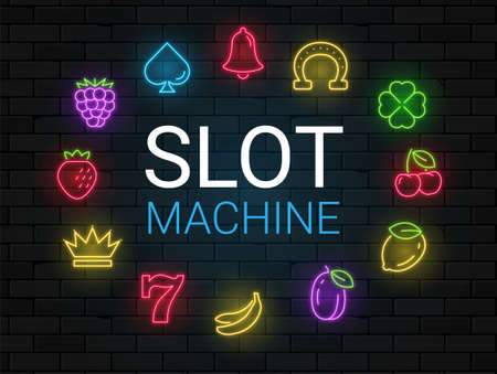 Slot machine neon casino icon. Fruit vegas casino neon slot machine sign setのイラスト素材
