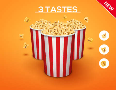 Popcorn bucket isolated. Full and empty pop corn box for cinema. Delicious salty snackのイラスト素材