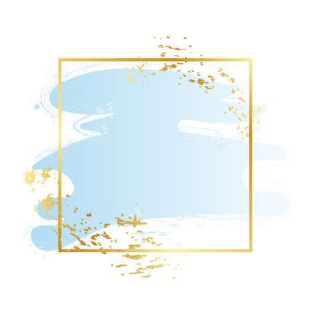 Blue background square stroke frame. Vector gold blue brush makeup beauty abstract geometric logoのイラスト素材