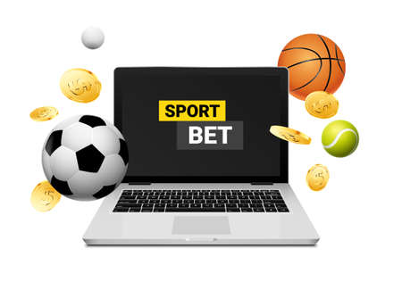 Sport bet money casino illustration laptop. Football basketball sport bet business game vector backgroundのイラスト素材