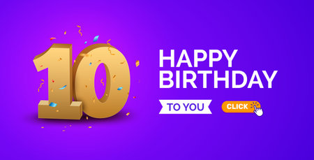 Anniversary birthday 10 years golden background. Happy vector poster 10th anniversary confetti celebration posterのイラスト素材