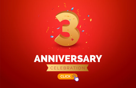 Anniversary birthday 3 years golden background. Happy vector poster 3 anniversary confetti celebration posterのイラスト素材