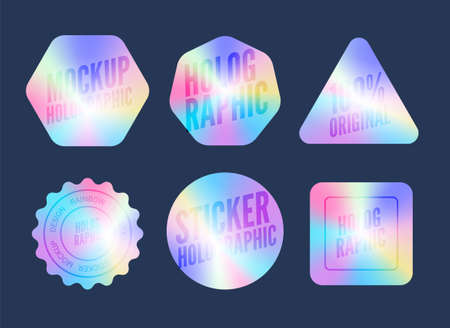 Holograph sticker label vector retro sale gradient. Hologram sticker mockup stamp badge emblemのイラスト素材