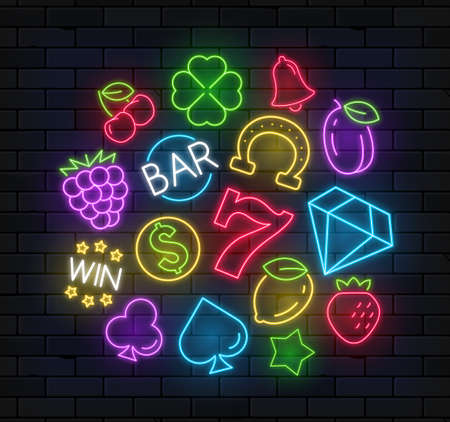 Slot machine neon casino icon. Fruit vegas casino neon slot machine sign setのイラスト素材