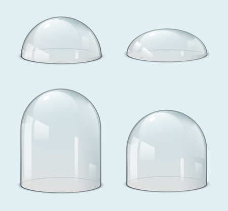 Glass dome bell jar cover. 3d transparent vector glass dome protection case hemisphere empty glasswareのイラスト素材
