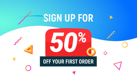 Coupon code discount 50 sign up advertising offer. Discount promotion tag flyer 50 percent off promo...
