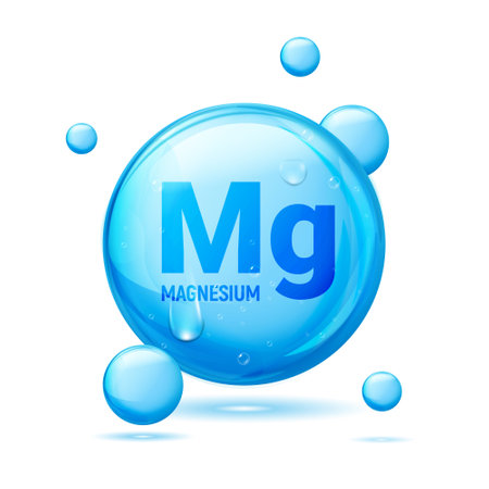 Magnesium supplement b6 vitamin food illustration icon. Mg potassium mineral blue 3d magnesium illustration.のイラスト素材