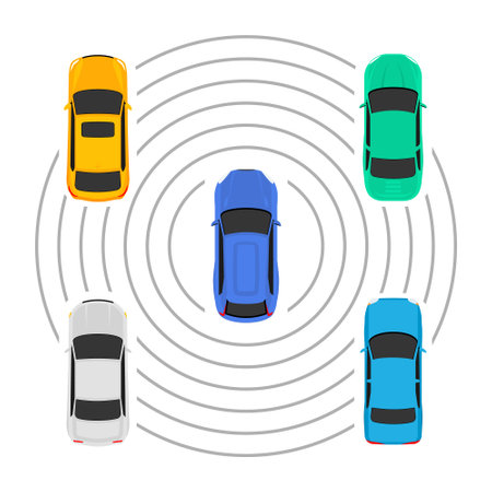 Autonomous car top view futuristic system guidance above. Autonomous car park smart assist icon.のイラスト素材