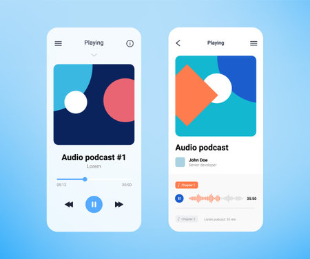 Music podcast player app template interface. Audio mobile podcast music player background vector design.のイラスト素材