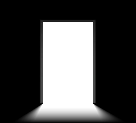 Open door light in dark room. Doorway scary black entrance background open door business concept freedom escapeのイラスト素材
