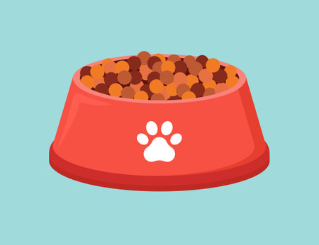 Animal bowl plate with food dog and cat. Flat bowl food biscuit isolated dish plastic red cartoon icon.のイラスト素材