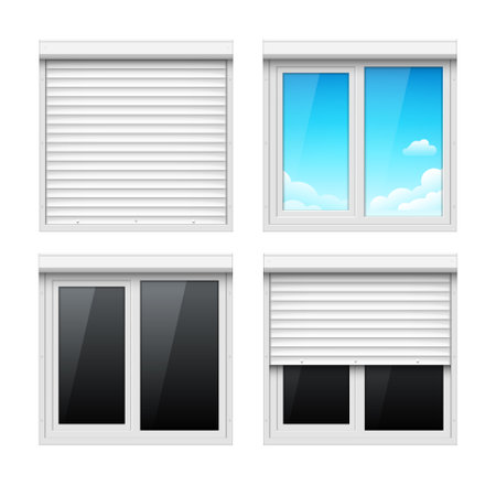 Window shutter blind metal roller jalousie office roll background. Window shutter isolated blind vector door store office design.のイラスト素材