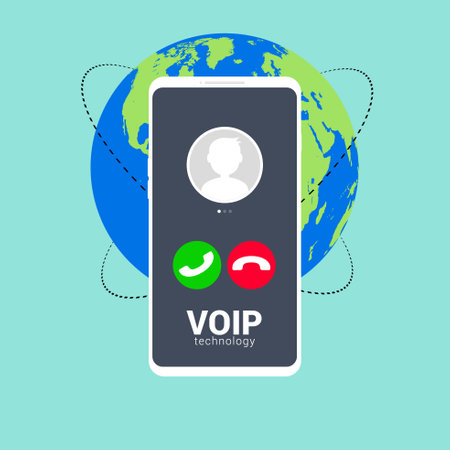 Voip call system voice phone technology. Voice over ip internet video telephony mobile cellphoneのイラスト素材