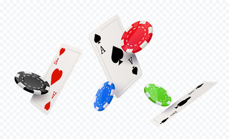 Poker casino chip flying card vector isolated background. Red gamble poker casino chip design concept illustration.のイラスト素材