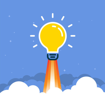 Light bulb idea insight rocket launch concept background. Lightbulb vector design cartoon unique creative idea.のイラスト素材