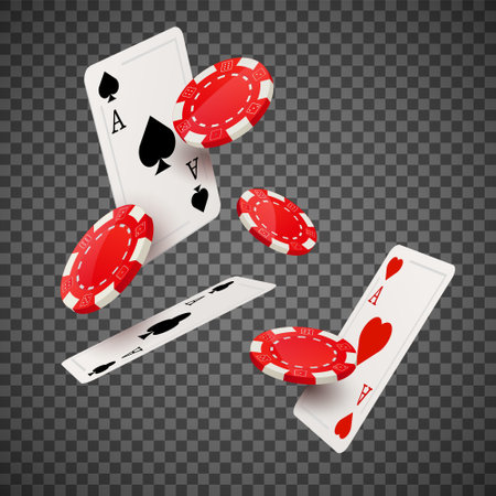 Poker casino chip flying card vector isolated transparent background. Red gamble poker casino chip design concept illustration.のイラスト素材