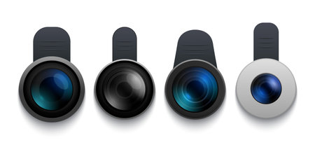 Mobile lens objective mini glass. Fish eye mobile phone vector photo clip on lens design.のイラスト素材