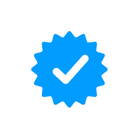Blue check mark tick verification icon symbol. Confirm checkmark label approval quality product verification blue tick.のイラスト素材