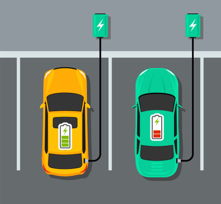 Electric car charger top view. Battery hybrid car parking recharge vector iconのイラスト素材