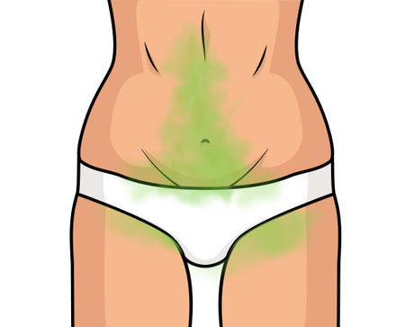 Woman vagina odor smell banner background. Medical care woman disease symbol stinkのイラスト素材