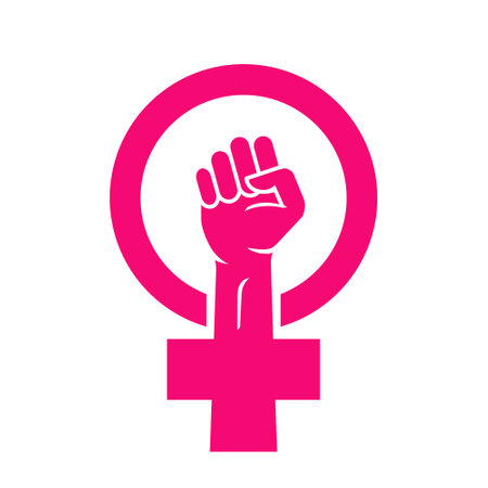 Woman feminist power fist female logo icon. Woman hand sign vector icon. Women fight protest symbol resist.のイラスト素材