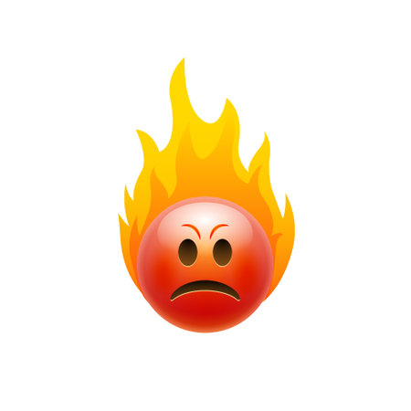 Hot angry emoji flame character face icon. Comic evil emoji face vector illustration.のイラスト素材