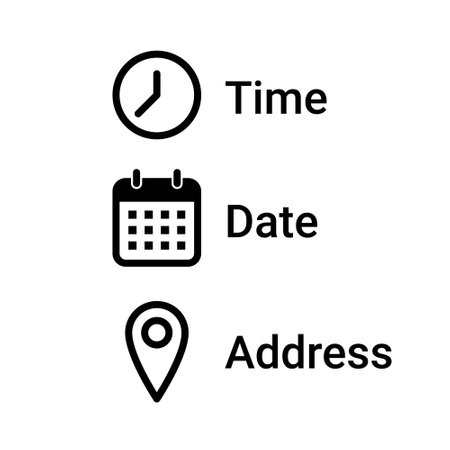 Date time address line icon invitation vector event. Place calendar clock pin address event invitation symbol design info.のイラスト素材