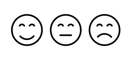 Happy, neutral and sad emoji icon client expression. Happy smiley rating satisfaction vector emoji client customer opinion.のイラスト素材