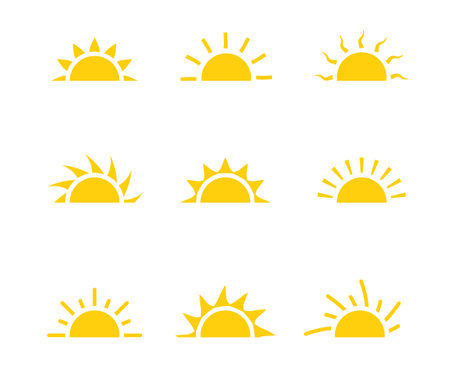 Yellow half sun vector icon logo. Silhouette circle sun summer sunshine collection half sunrise symbol morning iconのイラスト素材