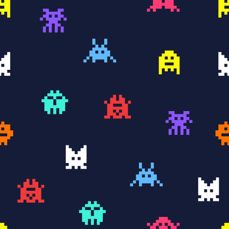 8 bit pixel arcade game alien invader seamless background. Superhero pixel space monster geek game