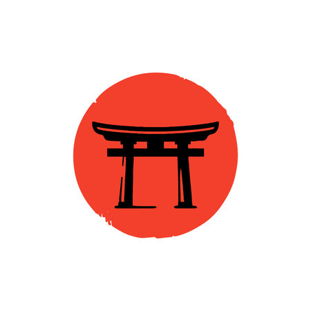 Torii gate silhouette red circle. Japanese cultural symbol traditional Shinto gate Japan Asian icon.のイラスト素材