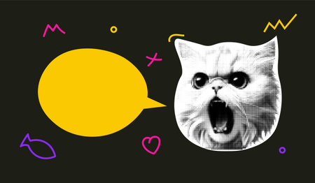 Pop art cat halftone illustration speech bubble. Angry cat face halftone pattern animal design retro...