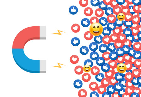 Social media engagement magnet. Magnet attracting likes, hearts, and emojis. Social network marketing magnet online digital audience.のイラスト素材