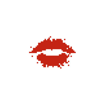 Red pixelated lips in retro digital style. Minimalistic red lips icon in pixel art designのイラスト素材