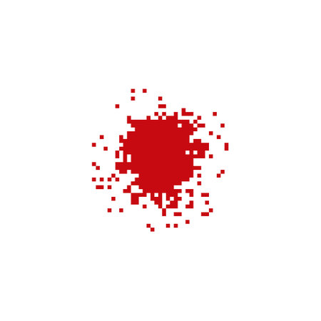 Red blood splatter in pixel art style. Pixelated blood stain with drips in a retro design.のイラスト素材