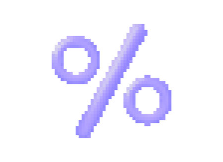 Purple pixelated percentage symbol. Close-up of a percentage symbol in pixel art style with a purple color.のイラスト素材