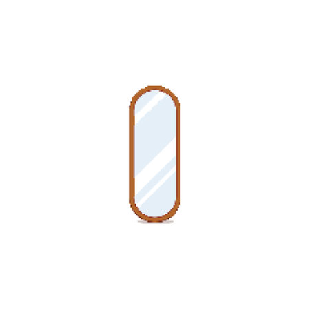 Pixel art oval mirror with wooden frame. Minimalistic mirror design in retro pixelated style.のイラスト素材
