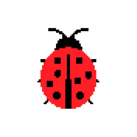 Pixelated ladybug. Simple pixel art red ladybug with black spots and antennae.のイラスト素材