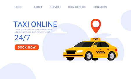 Online taxi booking service. Yellow taxi car with location pin and booking button for 24-7 service web siteのイラスト素材
